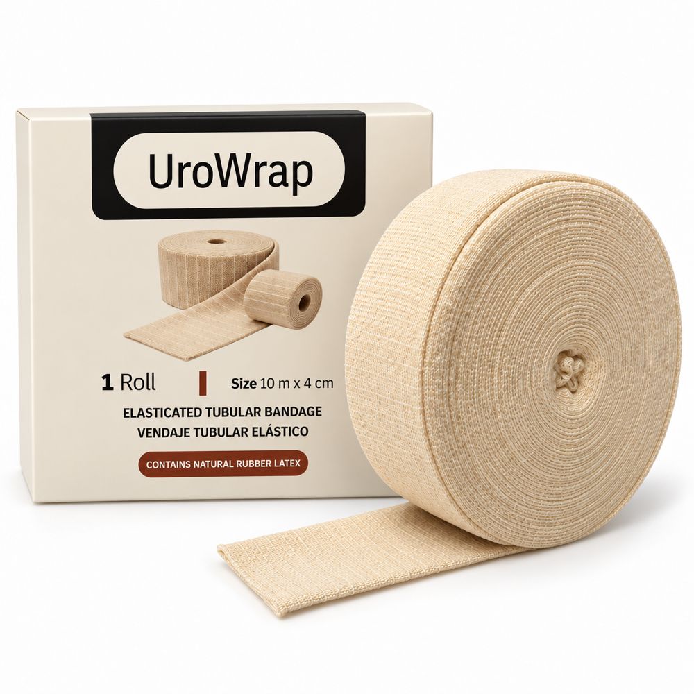 UroWrap 1 roll box beside an elasticated tubular compression bandage roll